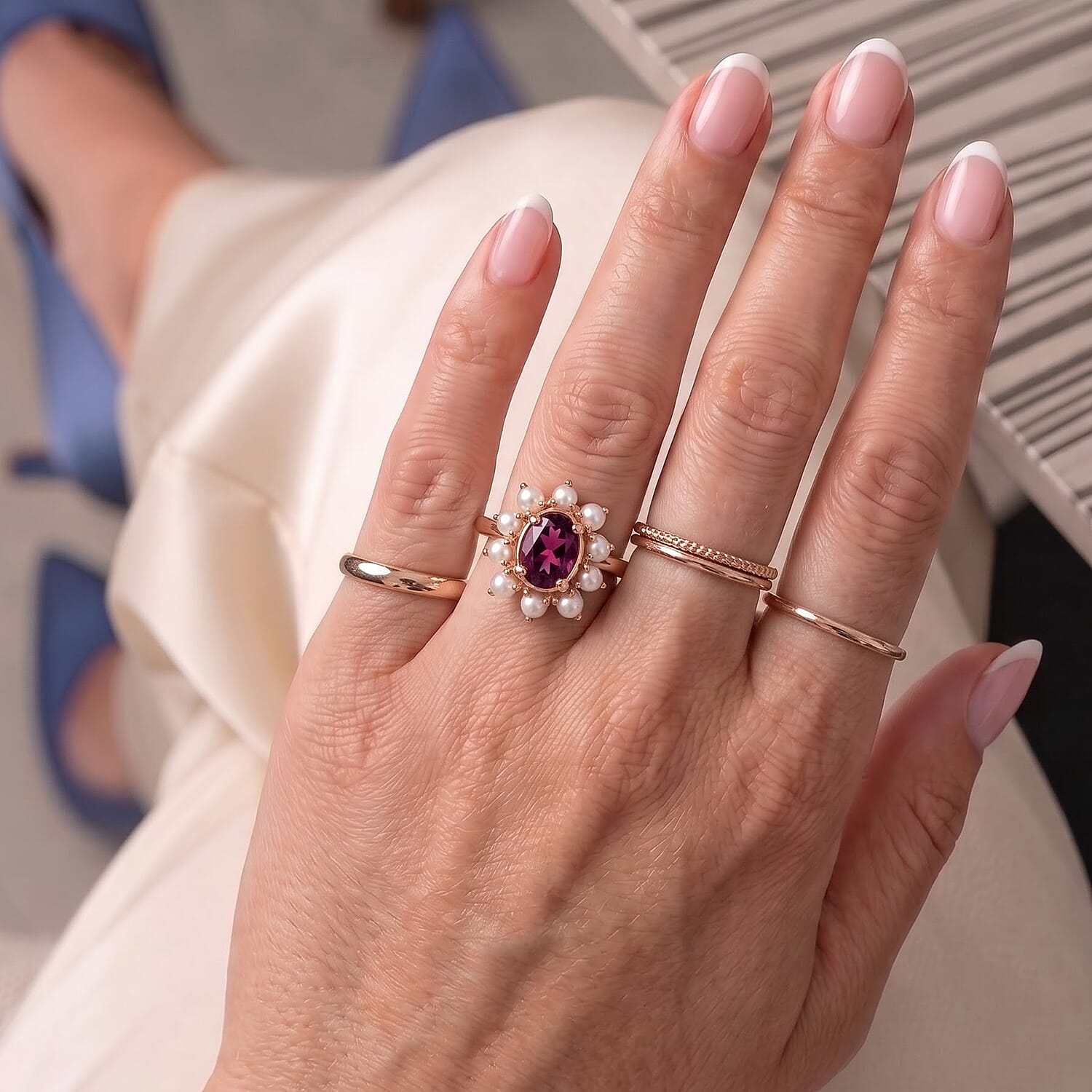 D'Joy AAA Radiant Ember Garnet 1.00 ctw and Freshwater Pearl Ring in 18K Vermeil Rose Gold Over Sterling Silver (Size 5.0)