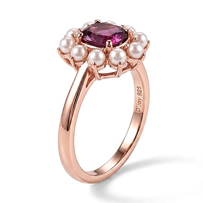 D'Joy AAA Radiant Ember Garnet 1.00 ctw and Freshwater Pearl Ring in 18K Vermeil Rose Gold Over Sterling Silver (Size 5.0)