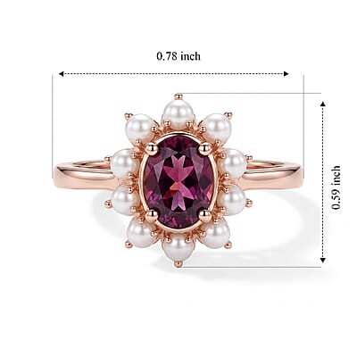 D'Joy AAA Radiant Ember Garnet 1.00 ctw and Freshwater Pearl Ring in 18K Vermeil Rose Gold Over Sterling Silver (Size 5.0)