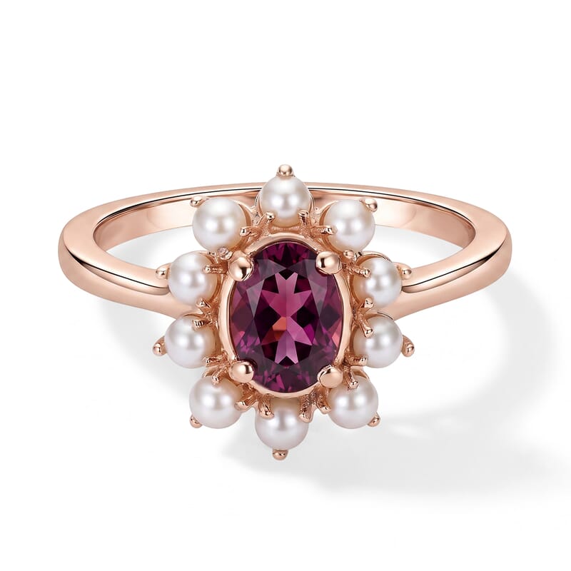 D'Joy AAA Radiant Ember Garnet 1.00 ctw and Freshwater Pearl Crown Ring in 18K Vermeil Rose Gold Over Sterling Silver (Size 6.0)