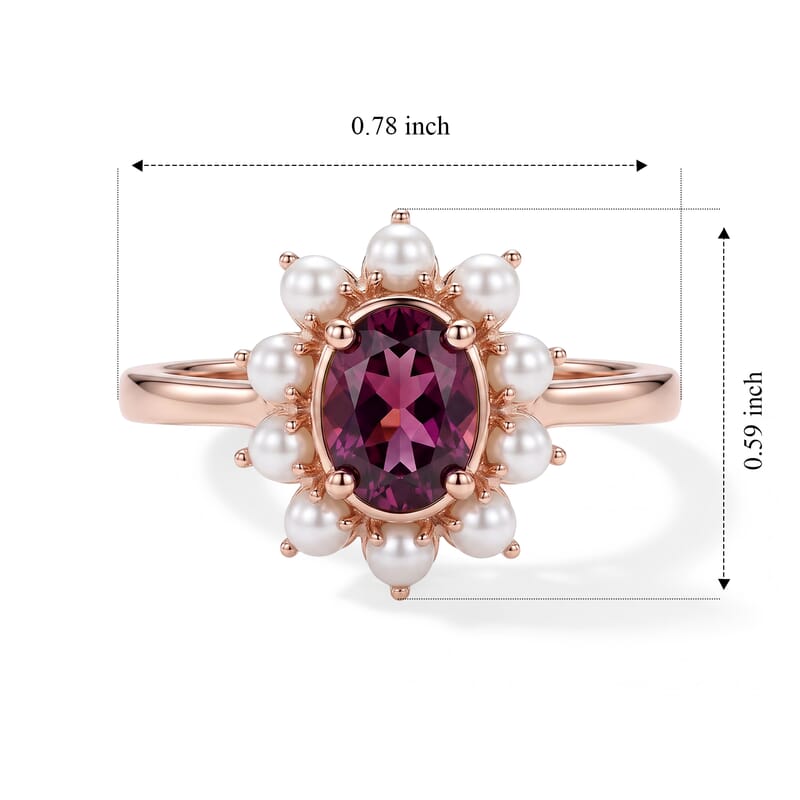 D'Joy AAA Radiant Ember Garnet 1.00 ctw and Freshwater Pearl Crown Ring in 18K Vermeil Rose Gold Over Sterling Silver (Size 6.0)
