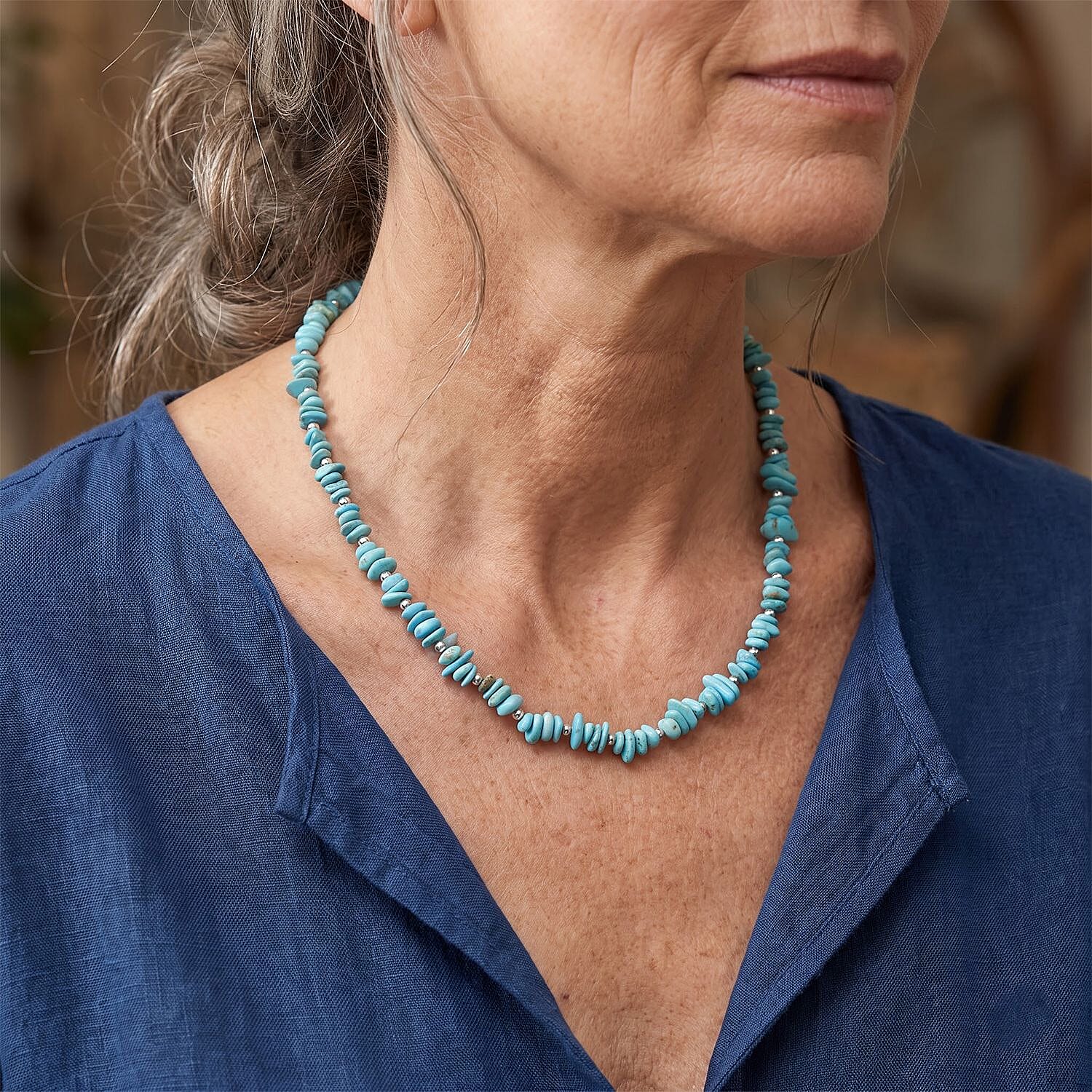 D'Joy Premium Sonoran Blue Turquoise 100.00 ctw Beaded Graduation Necklace (18-20 Inches) in Rhodium Over Sterling Silver