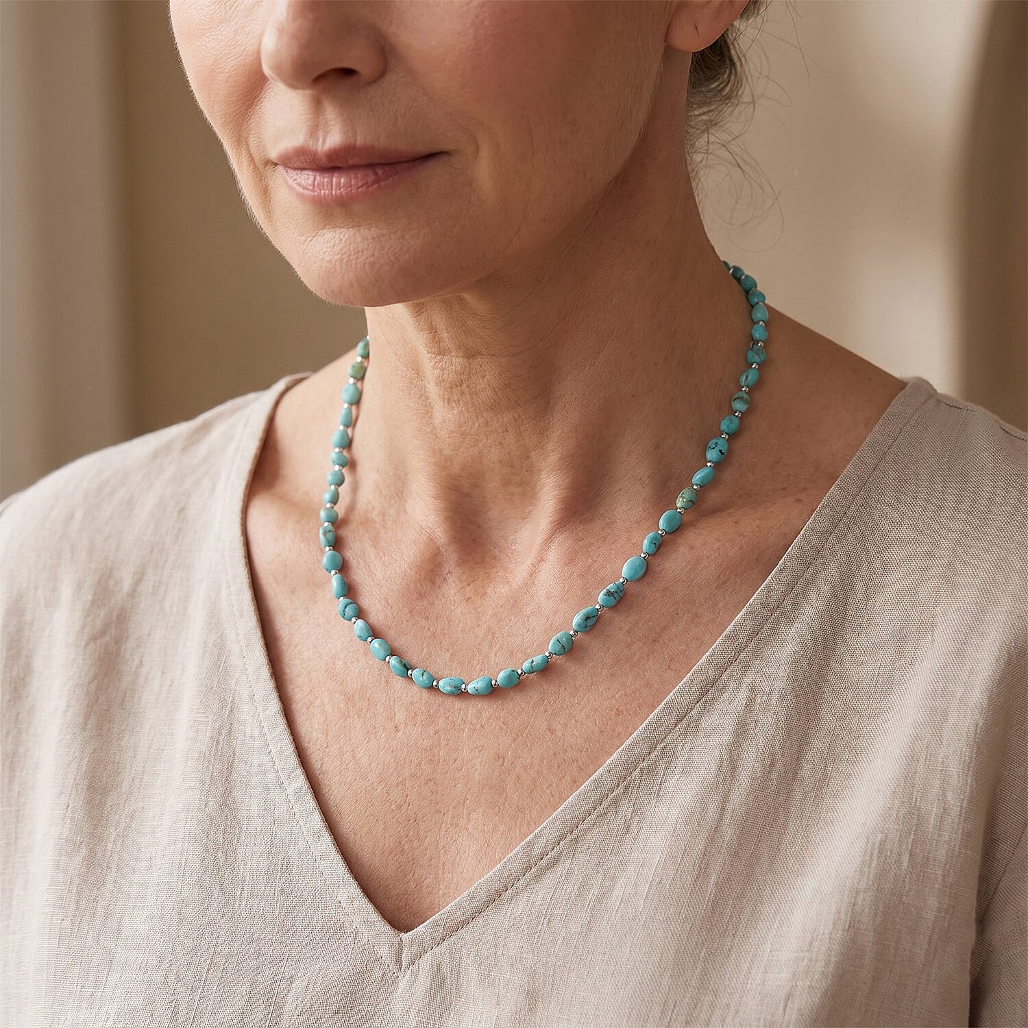 D'Joy Premium Sonoran Blue Turquoise 30.00 ctw Beaded Graduation Necklace (18-20 Inches) in Rhodium Over Sterling Silver