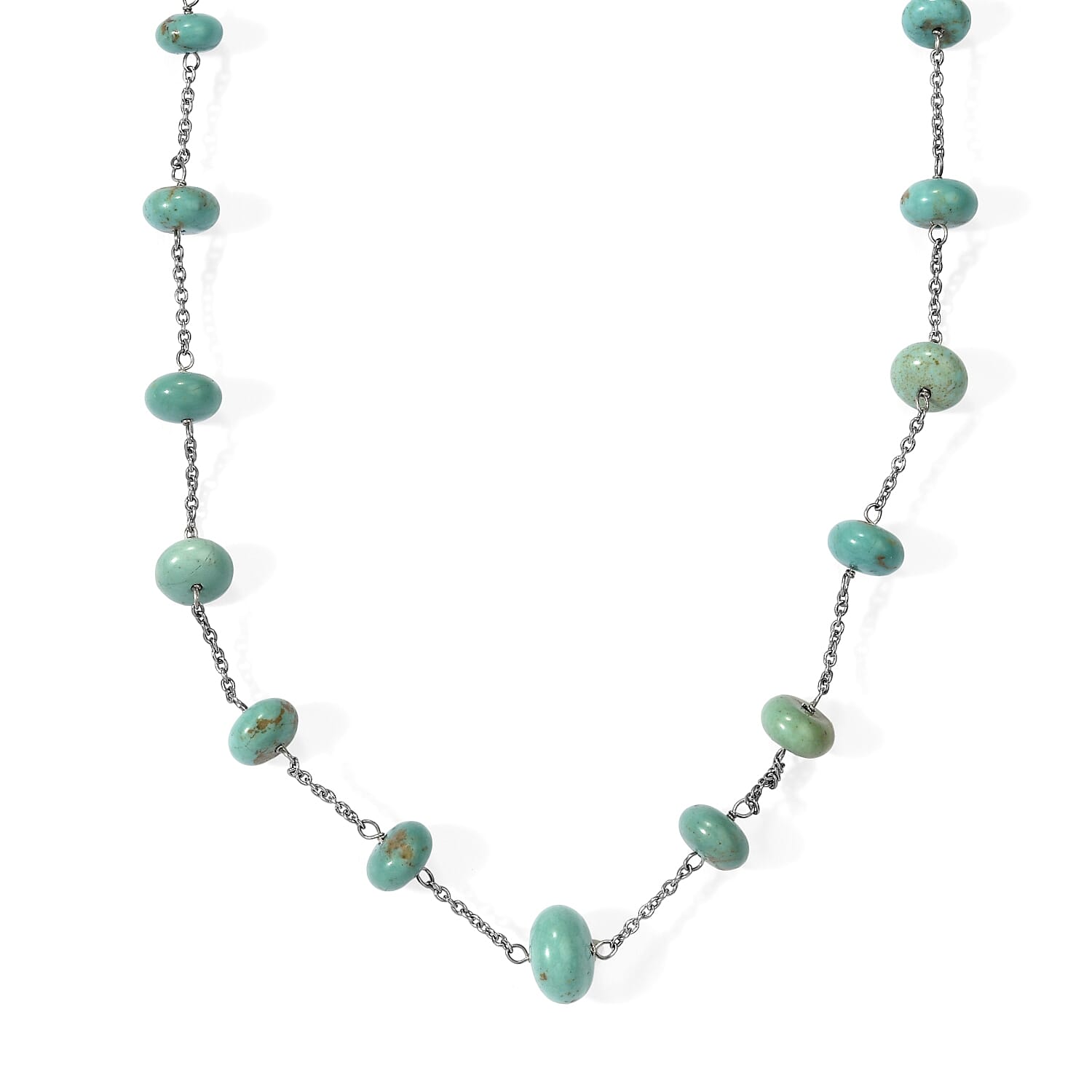 D'Joy Premium Sonoran Turquoise 30.00 ctw Beaded Graduation Necklace (18-20 Inches) in Rhodium Over Sterling Silver