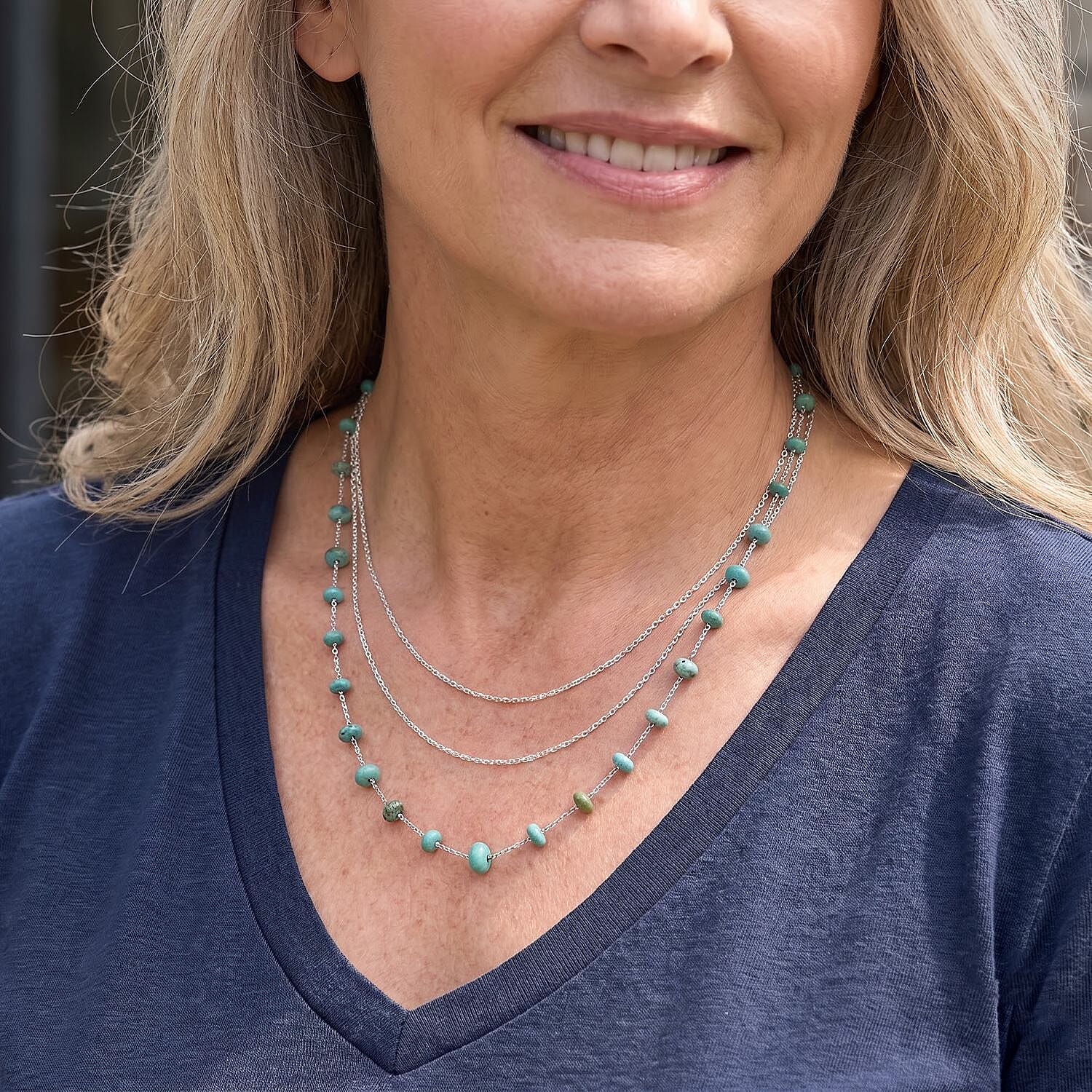 D'Joy Premium Sonoran Turquoise 30.00 ctw Beaded Graduation Necklace (18-20 Inches) in Rhodium Over Sterling Silver