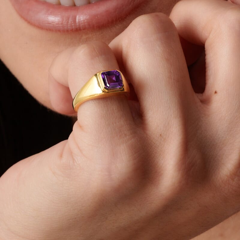 D'Joy Asscher Cut African Amethyst 1.00 ctw Solitaire Pinky Ring in 14K Yellow Gold Over Sterling Silver (Size 3.0)
