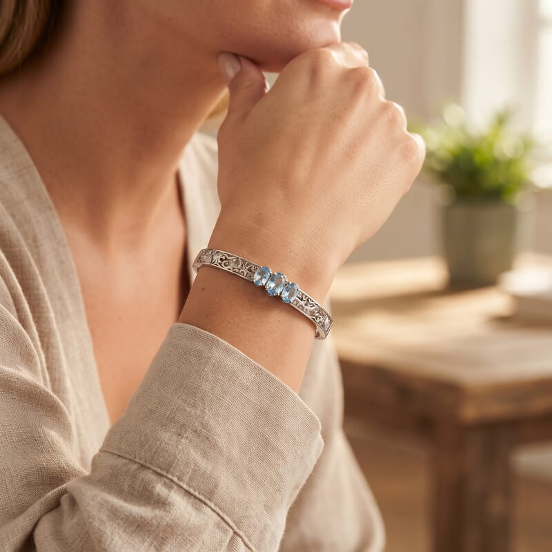 EverTrue Premium Swiss Blue Topaz 3.40 ctw Bangle Bracelet in Stainless Steel (6.50 In)