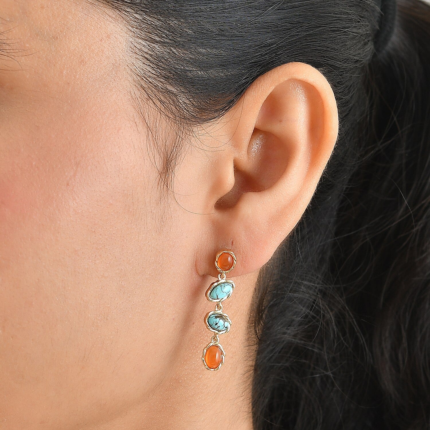 D'Joy Blue Moon Turquoise and Carnelian 3.50 ctw Earrings in 18K Vermeil Yellow Gold Over Sterling Silver