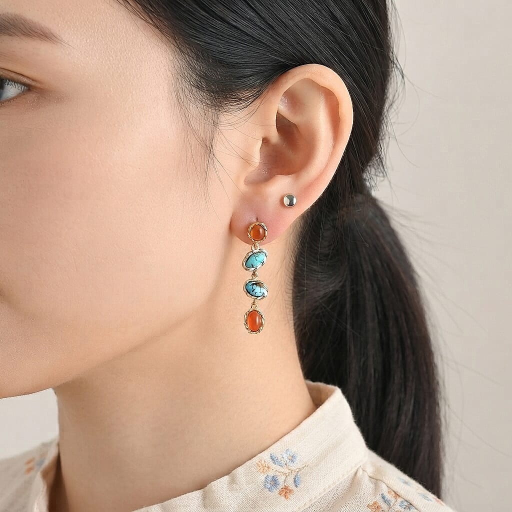 D'Joy Blue Moon Turquoise and Carnelian 3.50 ctw Earrings in 18K Vermeil Yellow Gold Over Sterling Silver