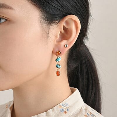 D'Joy Blue Moon Turquoise and Carnelian 3.50 ctw Earrings in 18K Vermeil Yellow Gold Over Sterling Silver