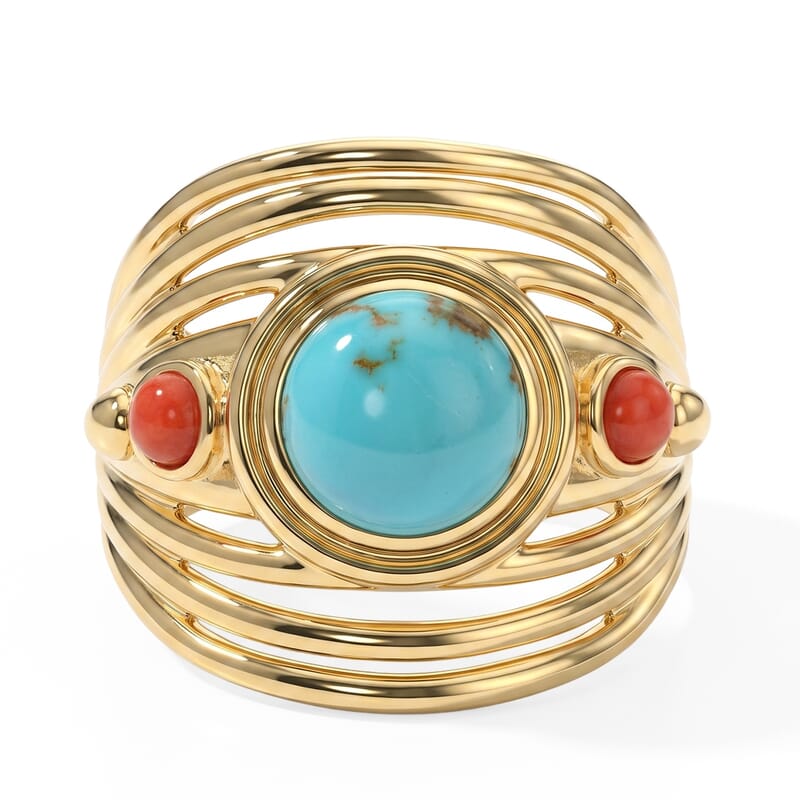 EverTrue Sonoran Turquoise and Coral 2.15 ctw Tide & Terracotta Ring in 18K YG Plated (Size 5.0)