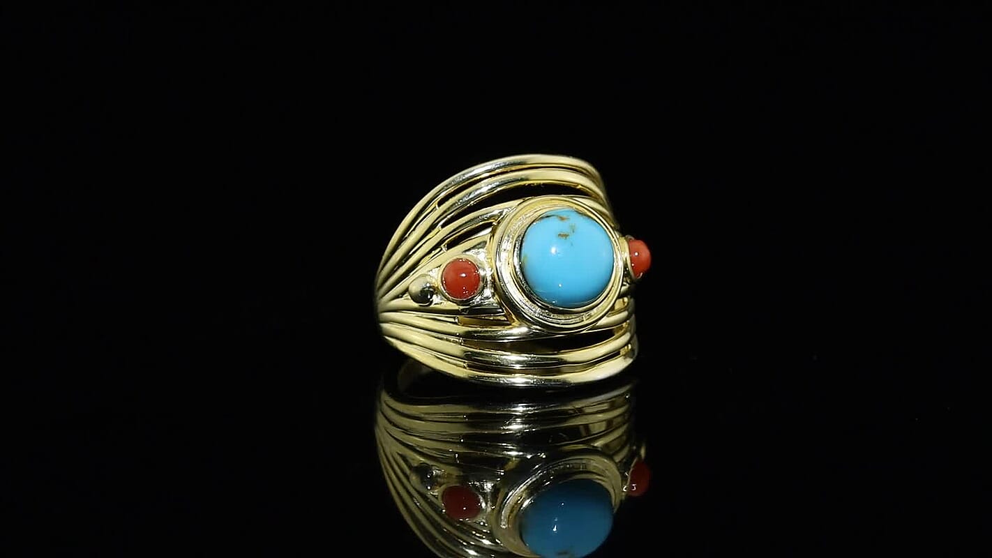 EverTrue Sonoran Turquoise, Coral Ring in 18K YG Plated (Size 7.0) 2.15 ctw