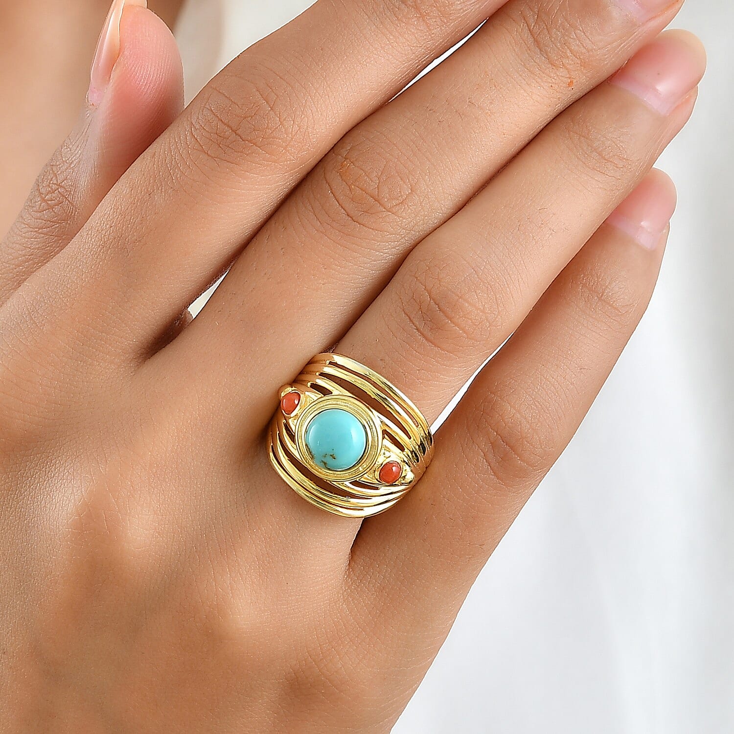 EverTrue Sonoran Turquoise and Coral 2.15 ctw Tide & Terracotta Ring in 18K YG Plated (Size 5.0)