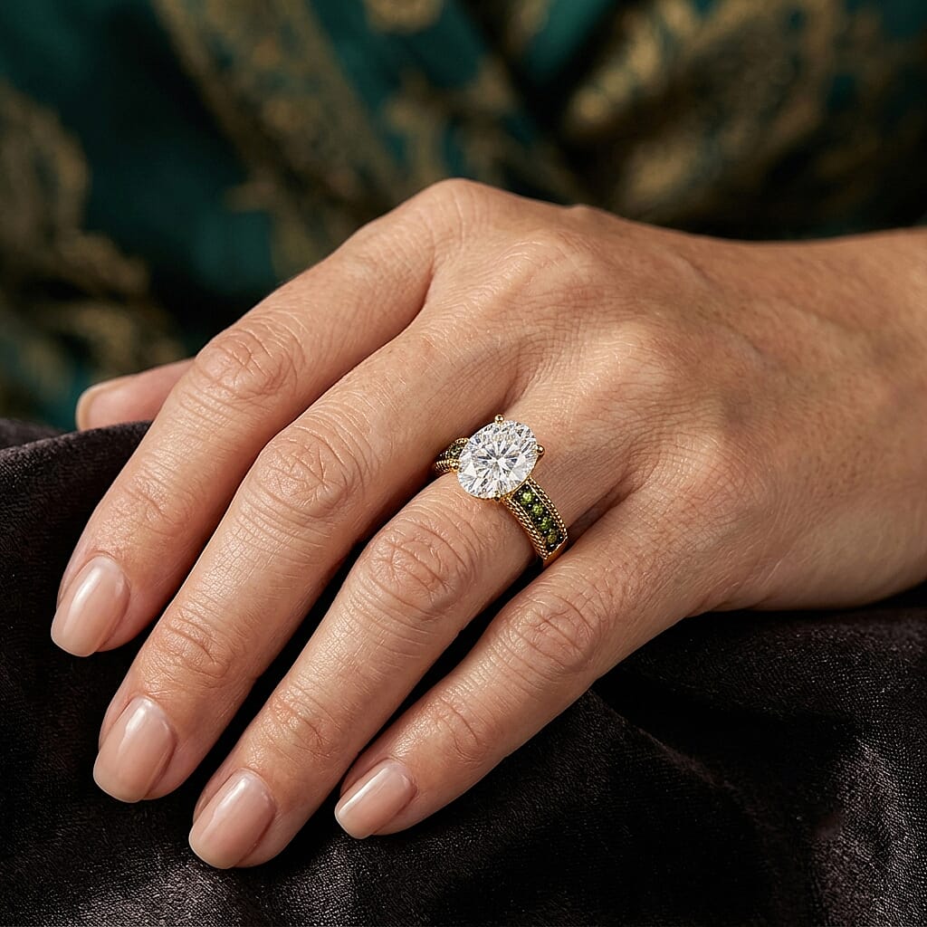 D'Joy Moissanite and Premium Chrome Diopside 4.15 ctw Ring in 18K Vermeil Yellow Gold Over Sterling Silver (Size 6.0)