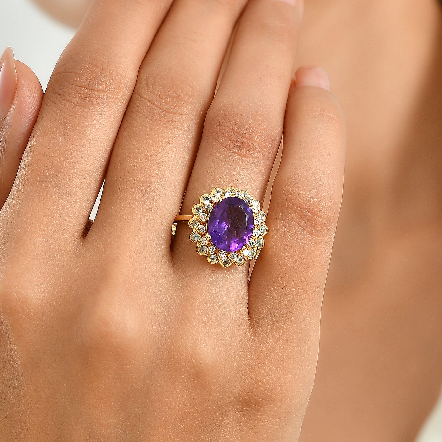 EverTrue African Amethyst and Multi Gemstone 5.00 ctw Astral Crown Halo Ring in 18K YG Plated (Size 6.0)