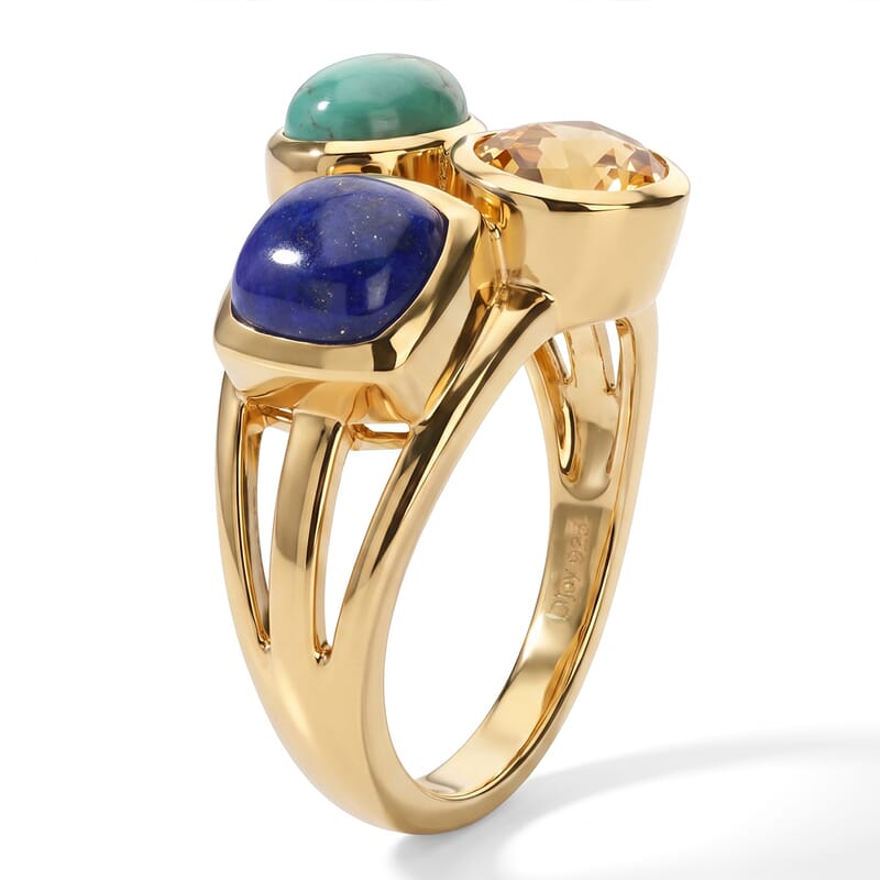 D'Joy Blue Moon Turquoise, Lapis Lazuli and Citrine 4.35 ctw Three Shores Ring in 18K Vermeil Yellow Gold Over Sterling Silver (Size 7.0)
