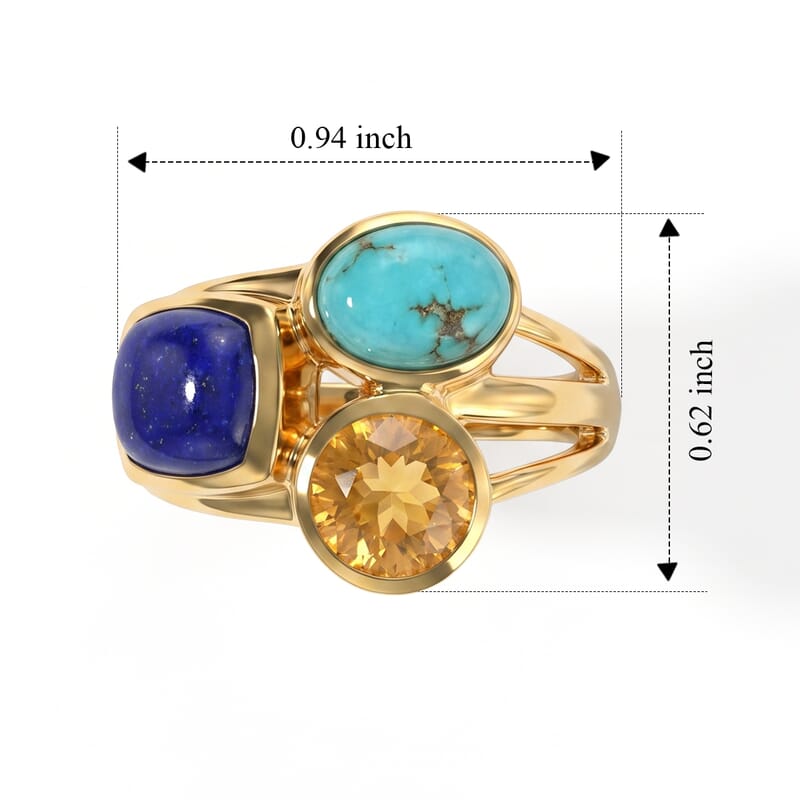 D'Joy Blue Moon Turquoise, Lapis Lazuli and Citrine 4.35 ctw Three Shores Ring in 18K Vermeil Yellow Gold Over Sterling Silver (Size 7.0)