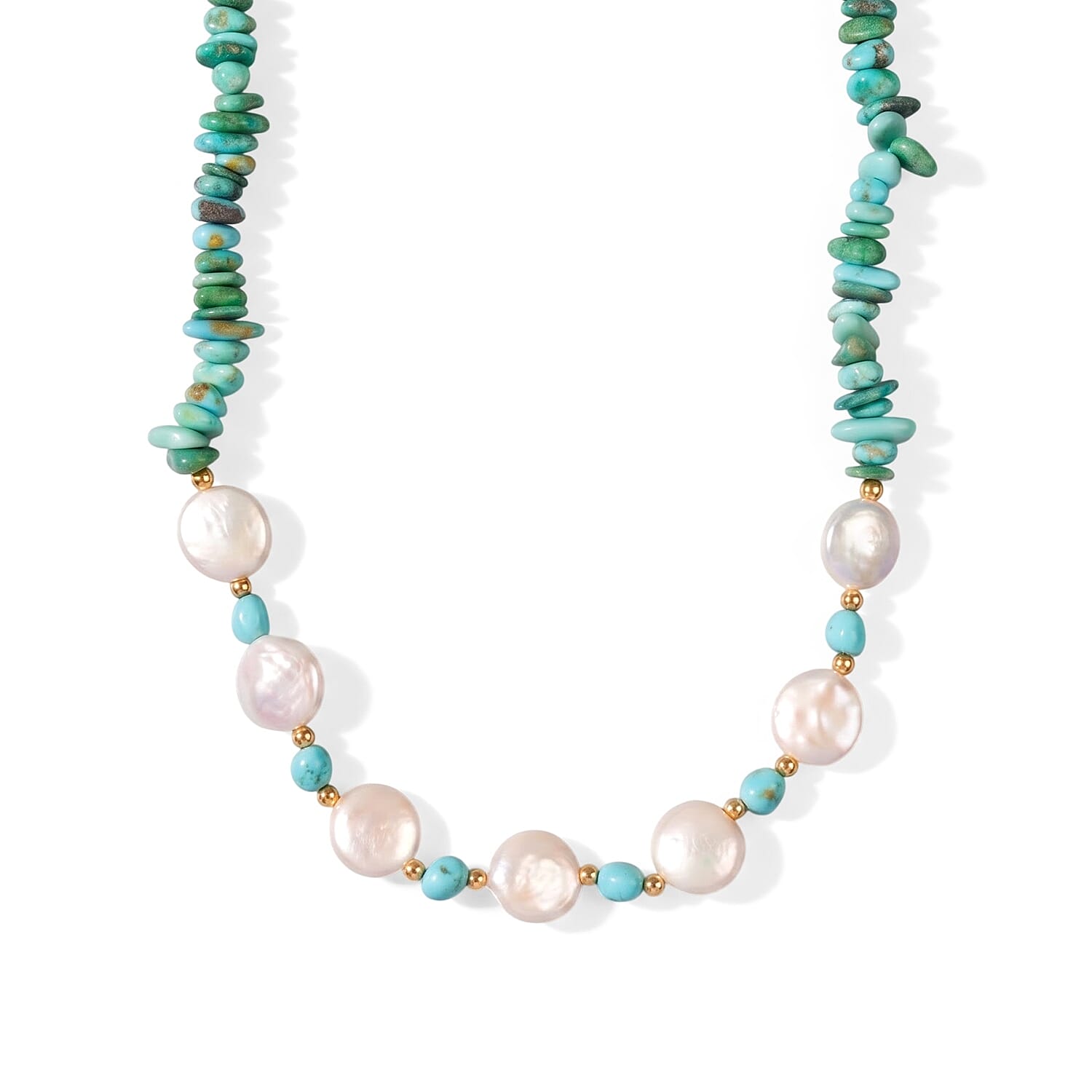 D'Joy Premium Sonoran Turquoise 80.00 ctw and Freshwater Pearl Graduation Necklace (18-20 Inches) in 18K Vermeil Yellow Gold Over Sterling Silver