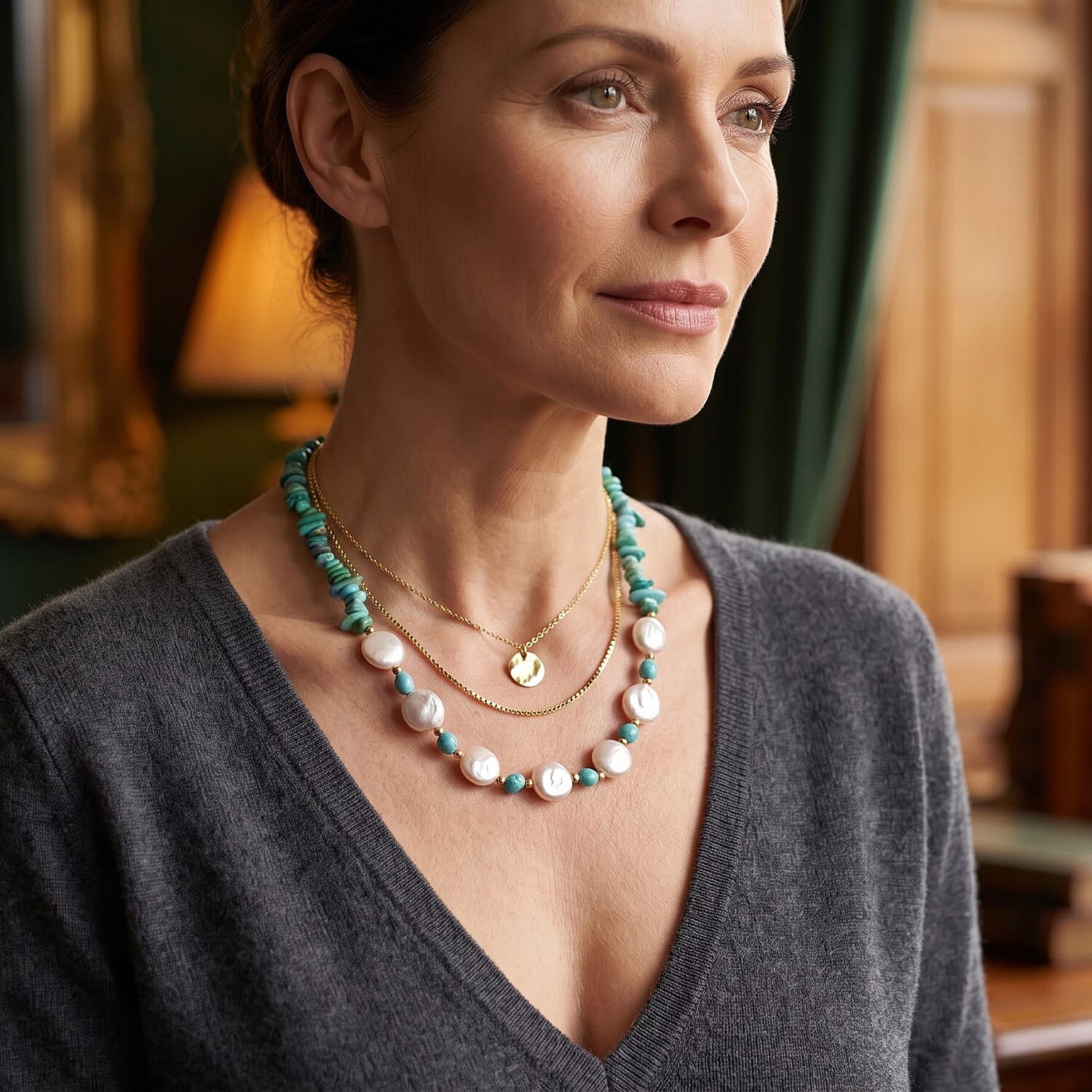 D'Joy Premium Sonoran Turquoise 80.00 ctw and Freshwater Pearl Graduation Necklace (18-20 Inches) in 18K Vermeil Yellow Gold Over Sterling Silver