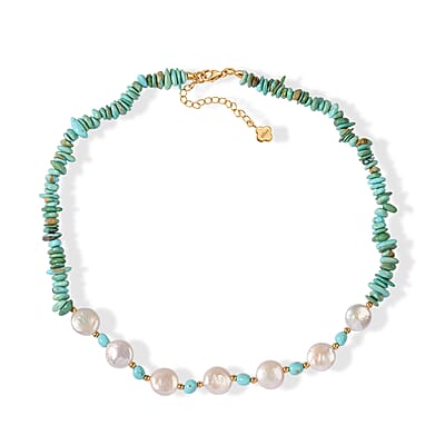 D'Joy Premium Sonoran Turquoise 80.00 ctw and Freshwater Pearl Graduation Necklace (18-20 Inches) in 18K Vermeil Yellow Gold Over Sterling Silver