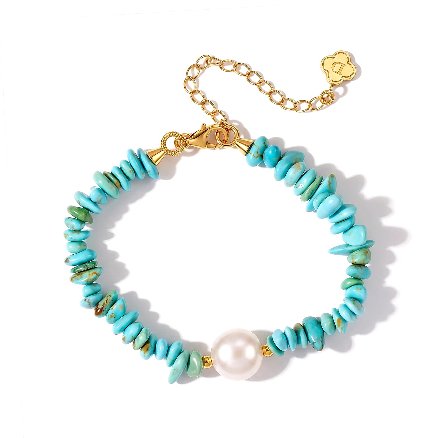 D'Joy Premium Sonoran Turquoise 38.00 ctw and Freshwater Pearl Bracelet in 18K Vermeil Yellow Gold Over Sterling Silver (7.25-9.25In)