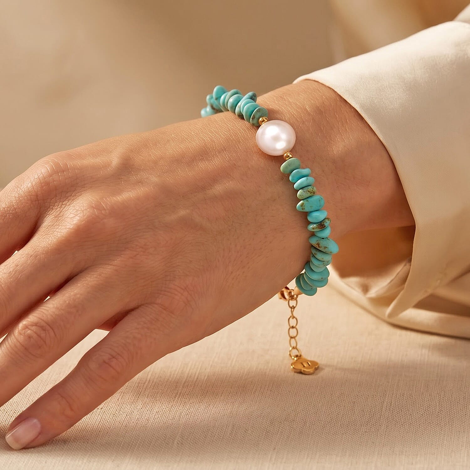 D'Joy Premium Sonoran Turquoise 38.00 ctw and Freshwater Pearl Bracelet in 18K Vermeil Yellow Gold Over Sterling Silver (7.25-9.25In)