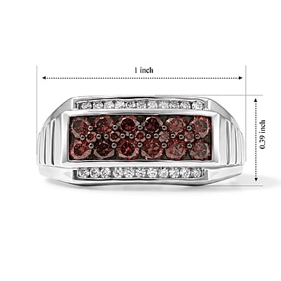 D'Joy Red and White Diamond 1.00 ctw Men's Ring in Rhodium Over Sterling Silver (Size 10.0)