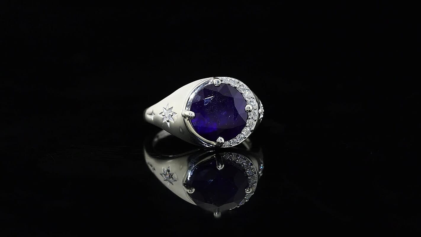 D''Joy Premium Masoala Sapphire (D), Moissanite Solitaire Ring in Rhodium Over Sterling Silver (Size 10.0) 6.10 ctw