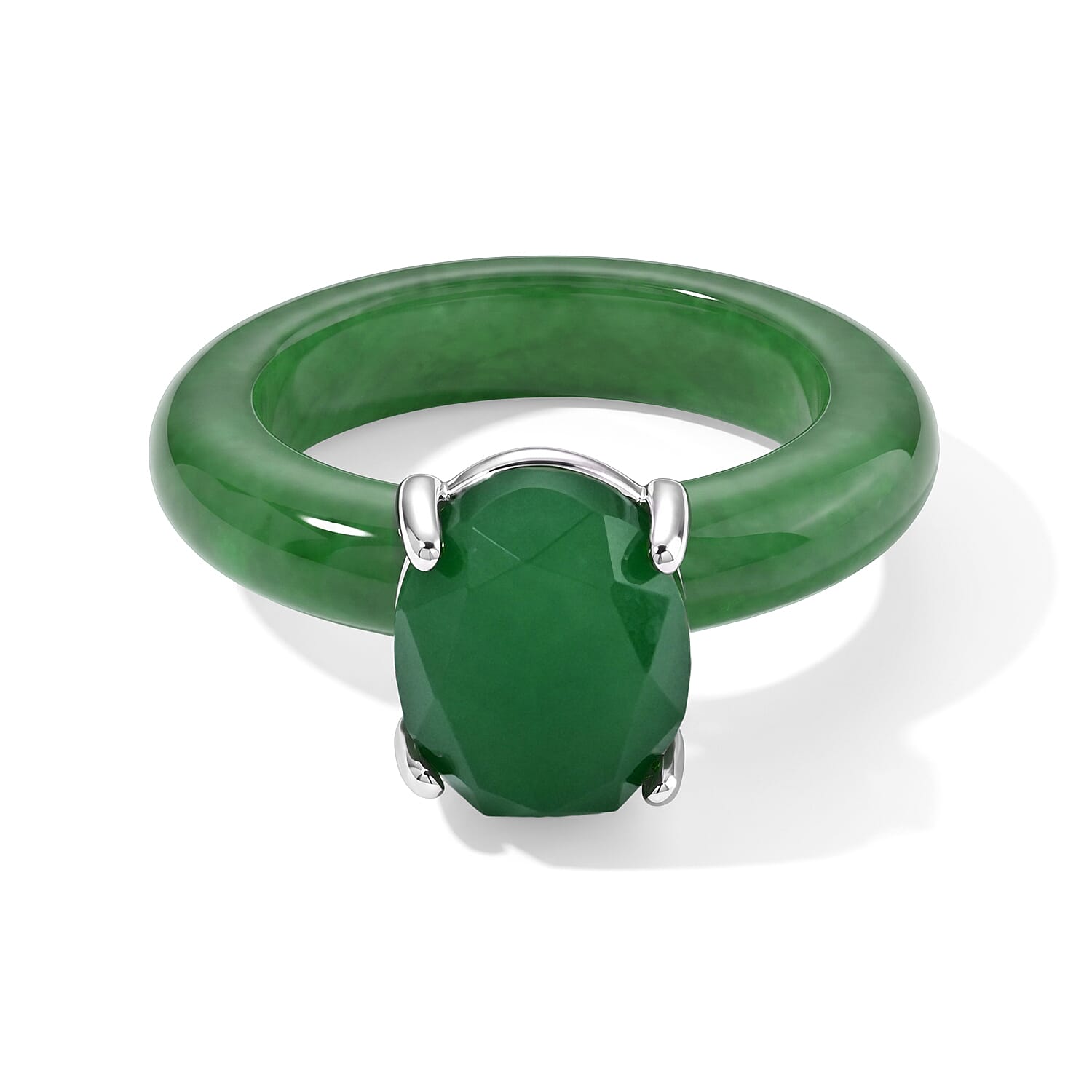 D'Joy Green Jade(D) 14.10 ctw Ring in Rhodium Over Sterling Silver (Size 5.0)