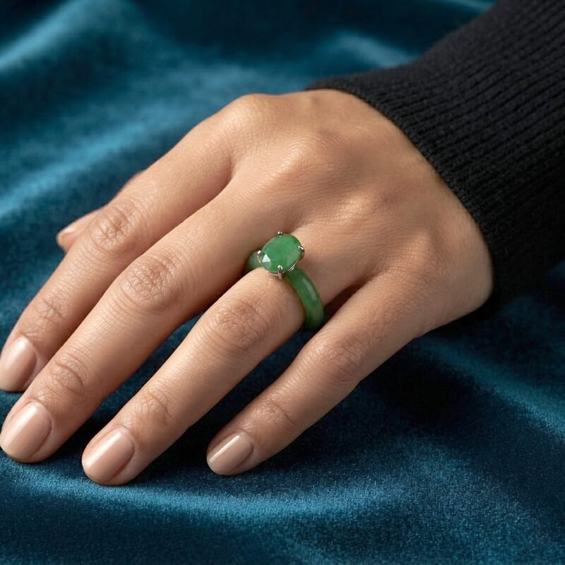 D'Joy Verdant Green Jade(D) 14.10 ctw Solitaire Ring in Rhodium Over Sterling Silver (Size 6.0)