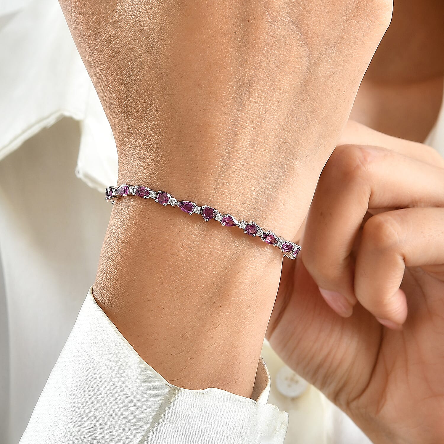 D'Joy AAA Radiant Ember Garnet and Moissanite 7.70 ctw Bracelet in Rhodium Over Sterling Silver (7.25 In)