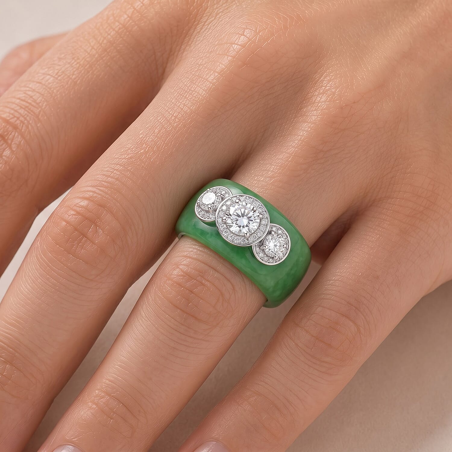 D'Joy Moissanite and Green Jade (D) 39.25 ctw Band Ring in Rhodium Over Sterling Silver (Size 5.0)