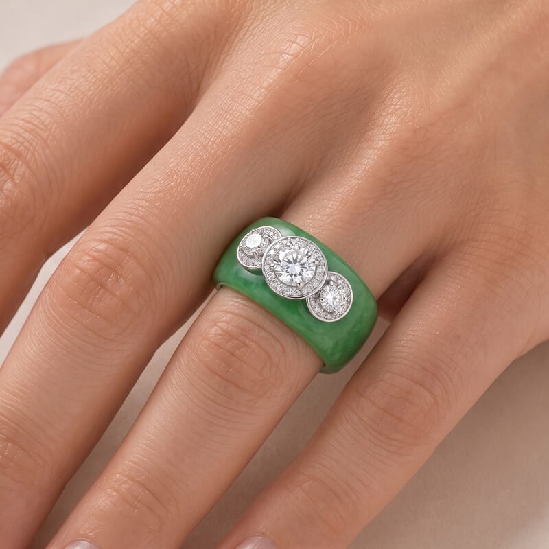D'Joy Moissanite and Green Jade (D) 39.25 ctw Band Ring in Rhodium Over Sterling Silver (Size 5.0)