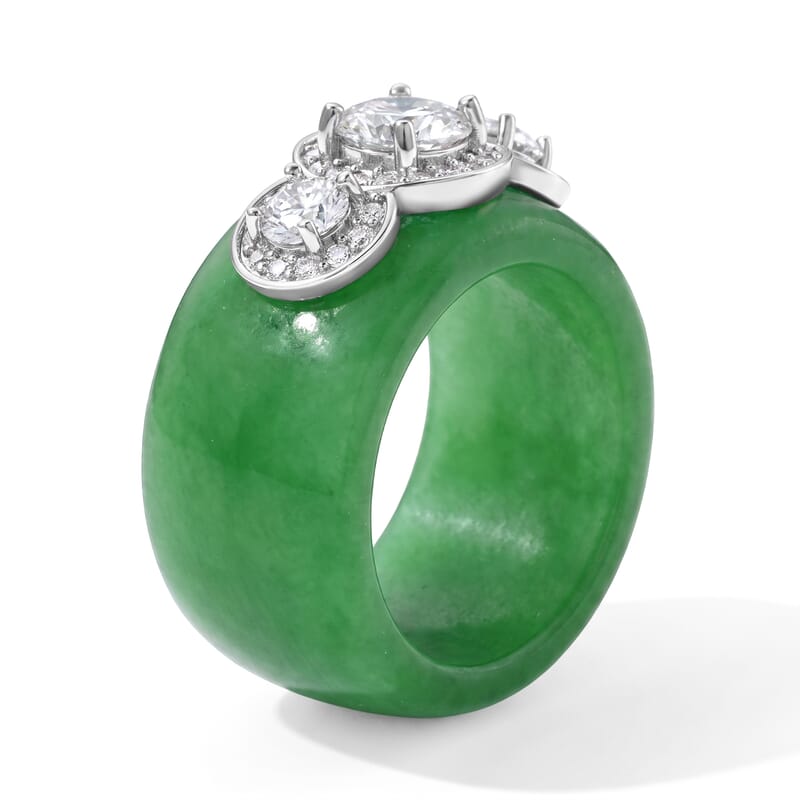 D'Joy Moissanite and Green Jade (D) 39.25 ctw Band Ring in Rhodium Over Sterling Silver (Size 5.0)