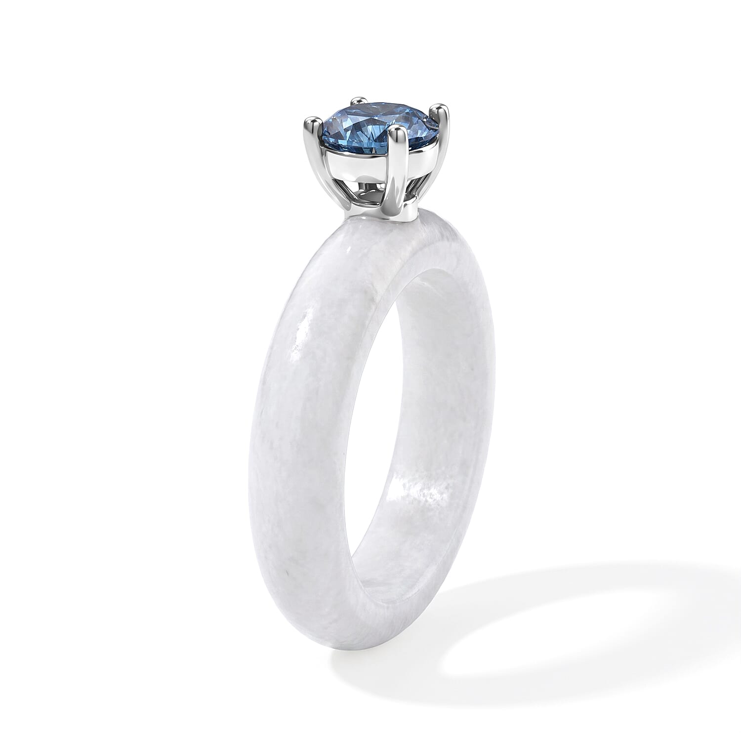 Luxuriant Lab Grown Blue Diamond (IR) VS and Natural Jade Band 15.30 ctw Azure Majesty Ring in Rhodium Over Sterling Silver (Size 7.0)