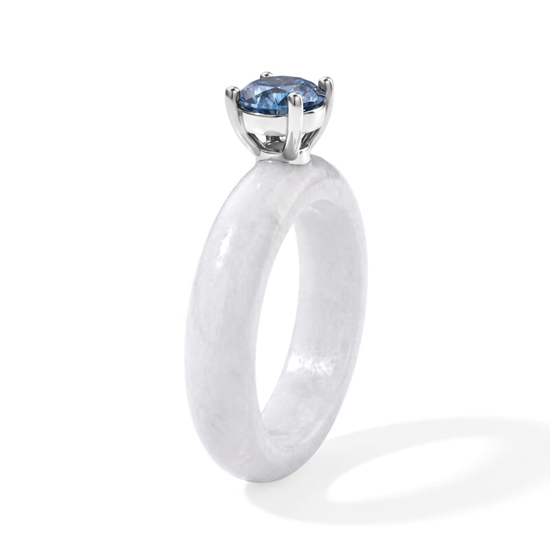 Luxuriant Lab Grown Blue Diamond (IR) VS and Natural Jade Band 15.30 ctw Azure Majesty Ring in Rhodium Over Sterling Silver (Size 7.0)