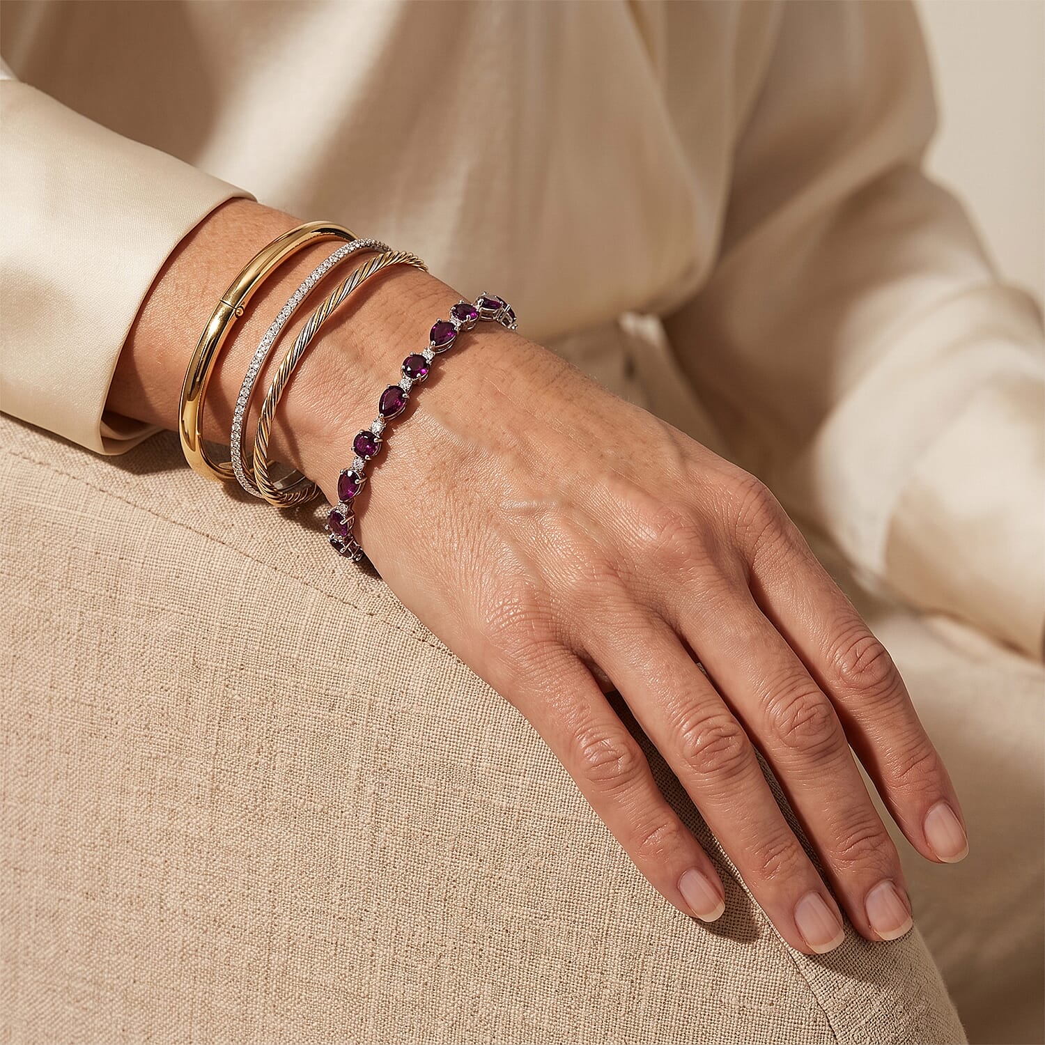 D'Joy AAA Radiant Ember Garnet and Moissanite 6.85 ctw Bracelet in Rhodium Over Sterling Silver (6.50 In)