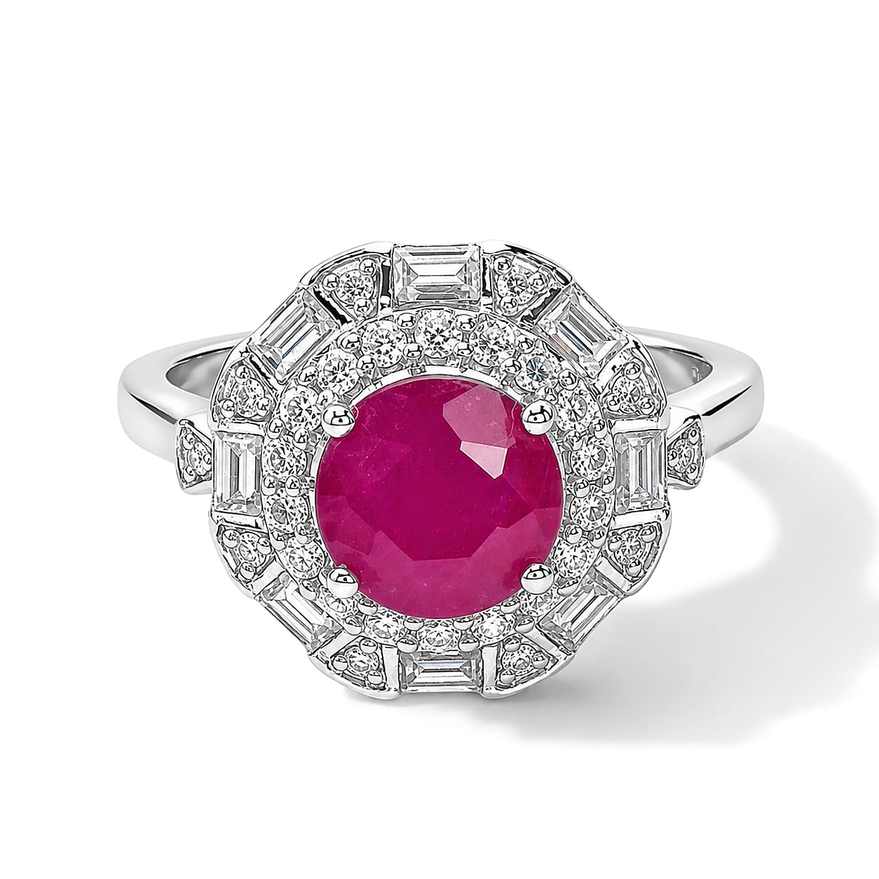 Certified and Appraised D'Joy Premium Ruby and Moissanite 2.30 ctw Ring in Rhodium Over Sterling Silver (Size 6.0)