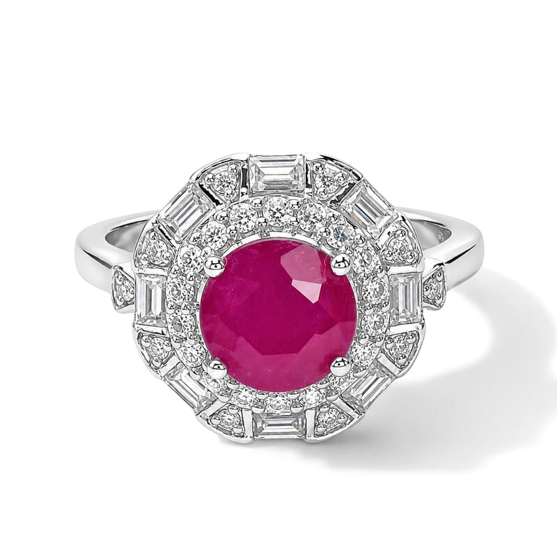 Certified and Appraised D'Joy Premium Ruby and Moissanite 2.30 ctw Ring in Rhodium Over Sterling Silver (Size 6.0)