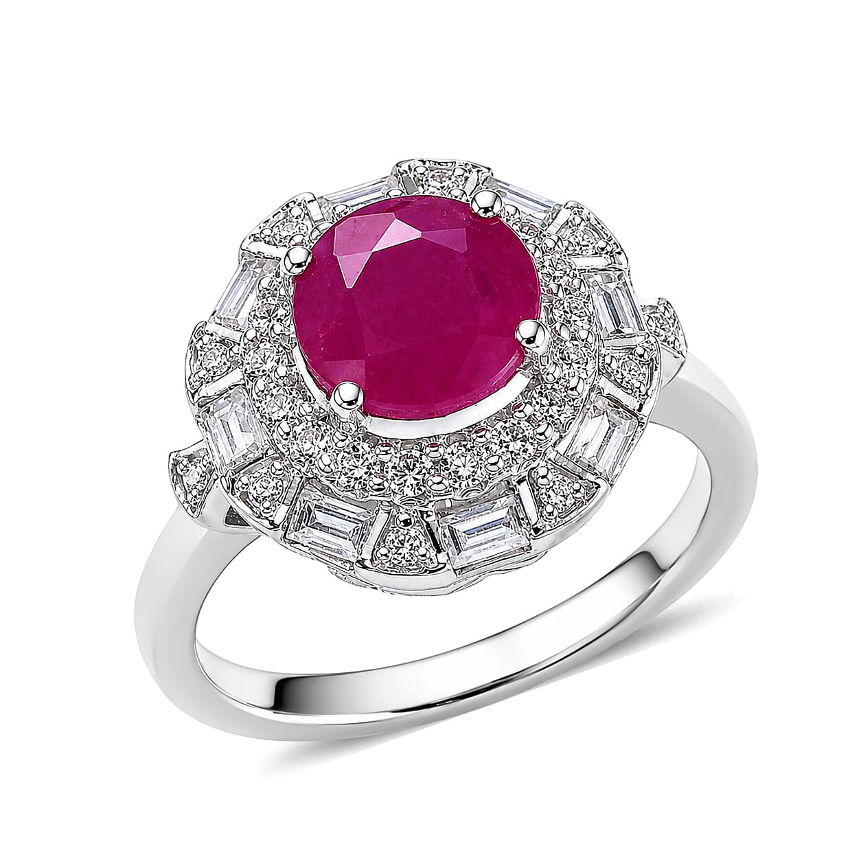 Certified and Appraised D'Joy Premium Ruby and Moissanite 2.30 ctw Ring in Rhodium Over Sterling Silver (Size 6.0)