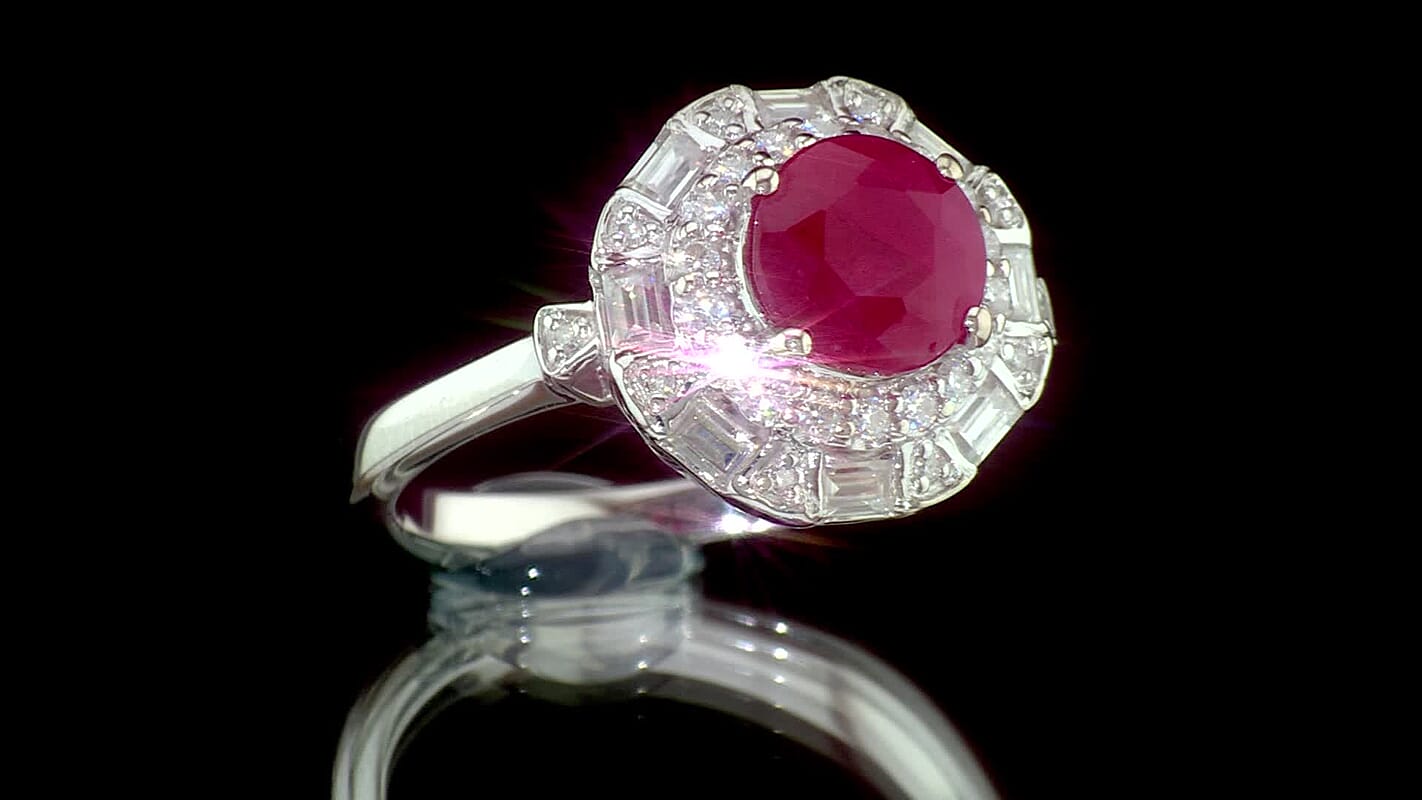 Doorbuster Certified and Appraised D''Joy Premium Ruby, Moissanite Ring in Rhodium Over Sterling Silver (Size 10.0) 2.30 ctw