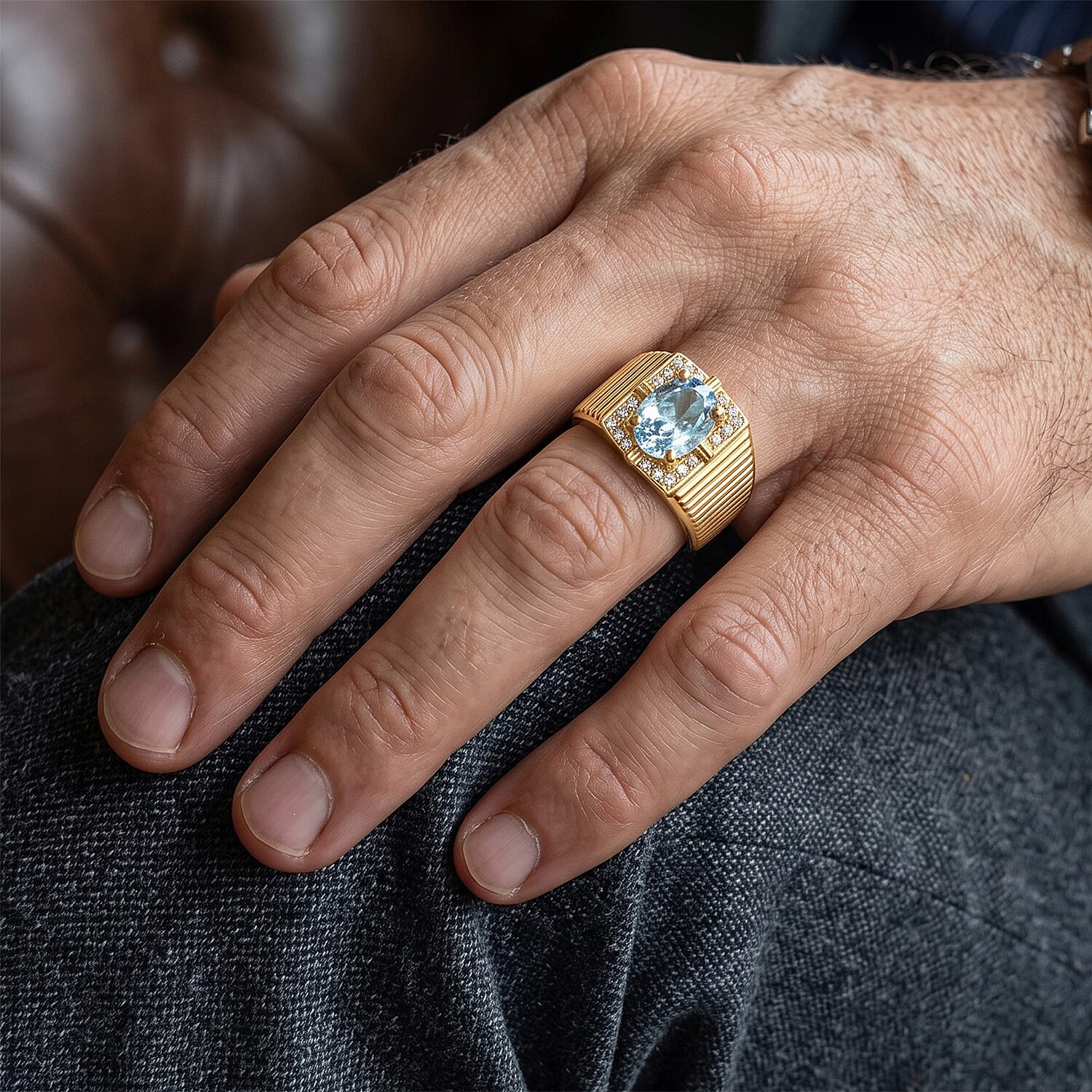 AAA Cambodian Blue Zircon, Luxuriant Lab Grown Diamond G-H SI 3.00 ctw Men's Ring in 18K Vermeil Yellow Gold Over Sterling Silver (Size 10.0)