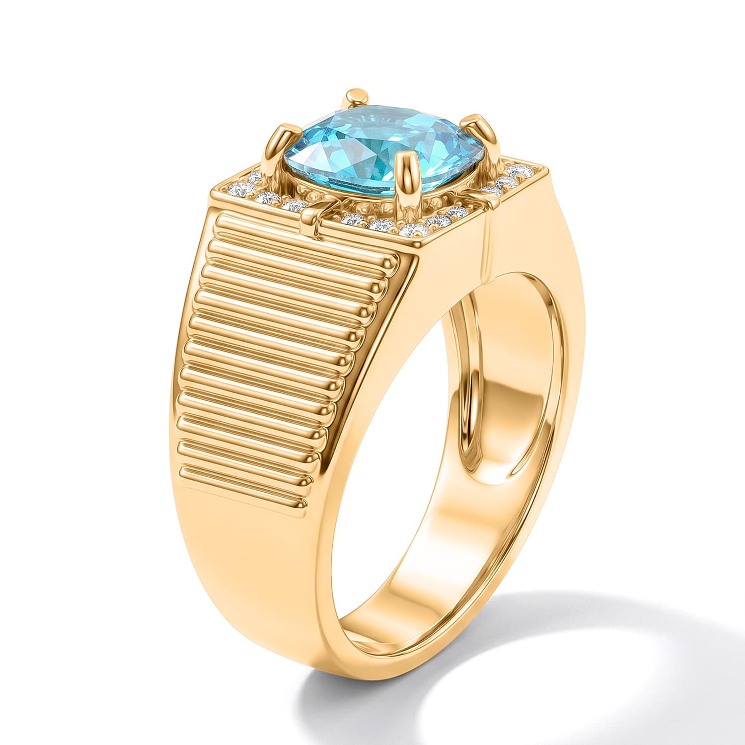 AAA Cambodian Blue Zircon, Luxuriant Lab Grown Diamond G-H SI 3.00 ctw Men's Ring in 18K Vermeil Yellow Gold Over Sterling Silver (Size 10.0)
