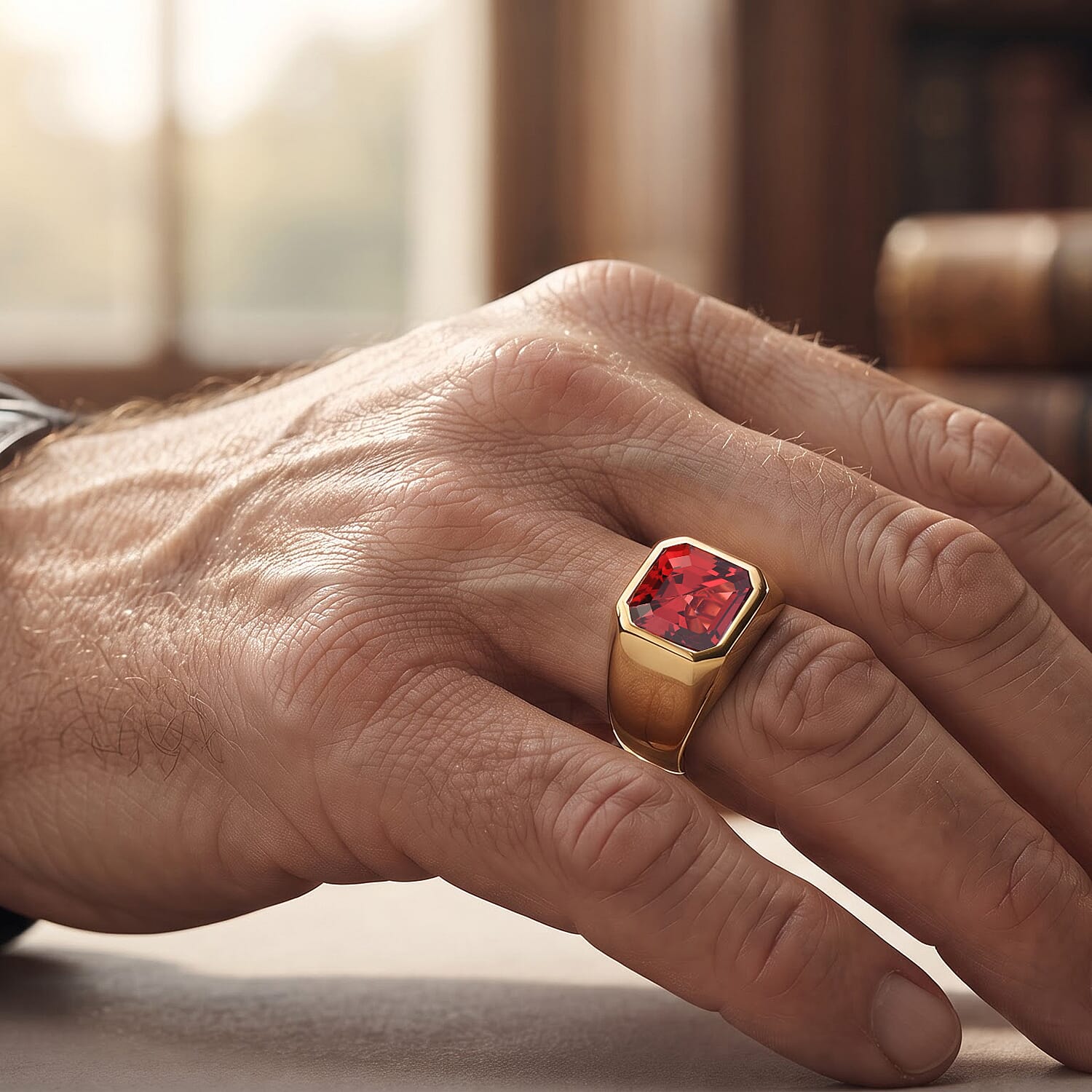 EverTrue Asscher Cut Lab Created Padparadscha Sapphire 7.80 ctw Men's Ring in 18K YG Plated (Size 10.0)