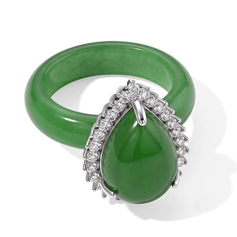 D'Joy Green Jade (D) and Moissanite 21.25 ctw Ring in Rhodium Over Sterling Silver (Size 6.0)