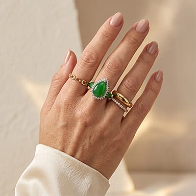 D'Joy Green Jade (D) and Moissanite 21.25 ctw Ring in Rhodium Over Sterling Silver (Size 6.0)