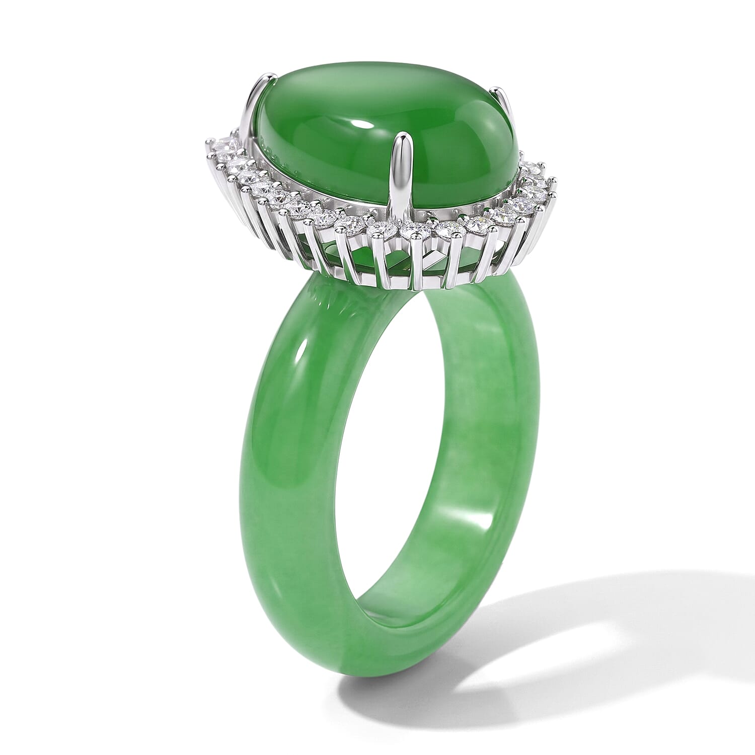 D'Joy Green Jade (D) and Moissanite 21.25 ctw Ring in Rhodium Over Sterling Silver (Size 6.0)