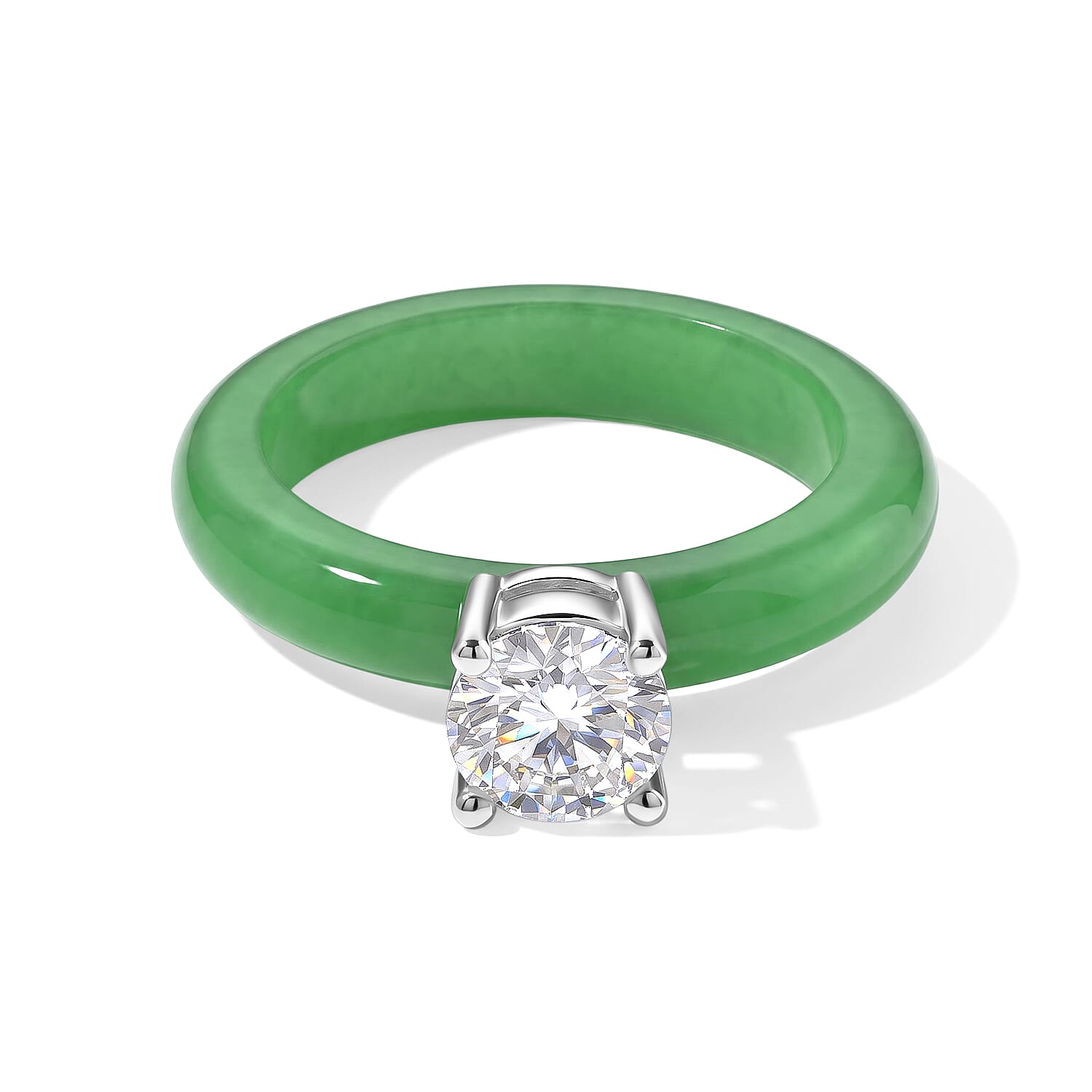 D'Joy Green Jade (D) and Moissanite 12.35 ctw Ring in Rhodium Over Sterling Silver (Size 6.0)