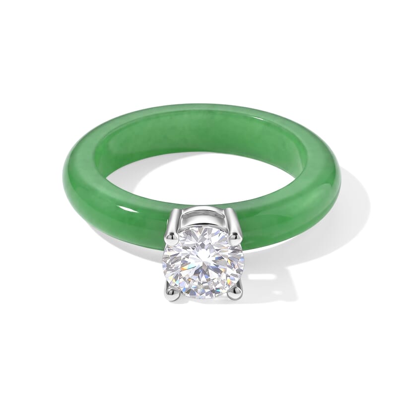 D'Joy Verdant Green Jade(D) and Moissanite 12.35 ctw Solitaire Ring in Rhodium Over Sterling Silver (Size 6.0)