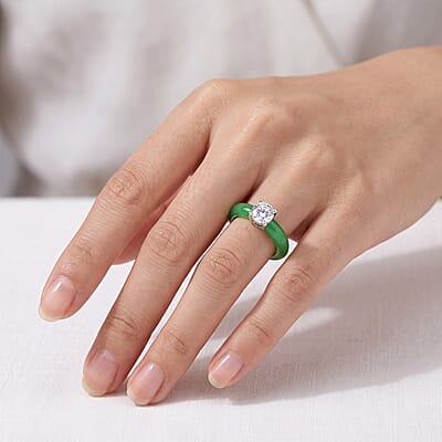D'Joy Green Jade (D) and Moissanite 12.35 ctw Ring in Rhodium Over Sterling Silver (Size 6.0)